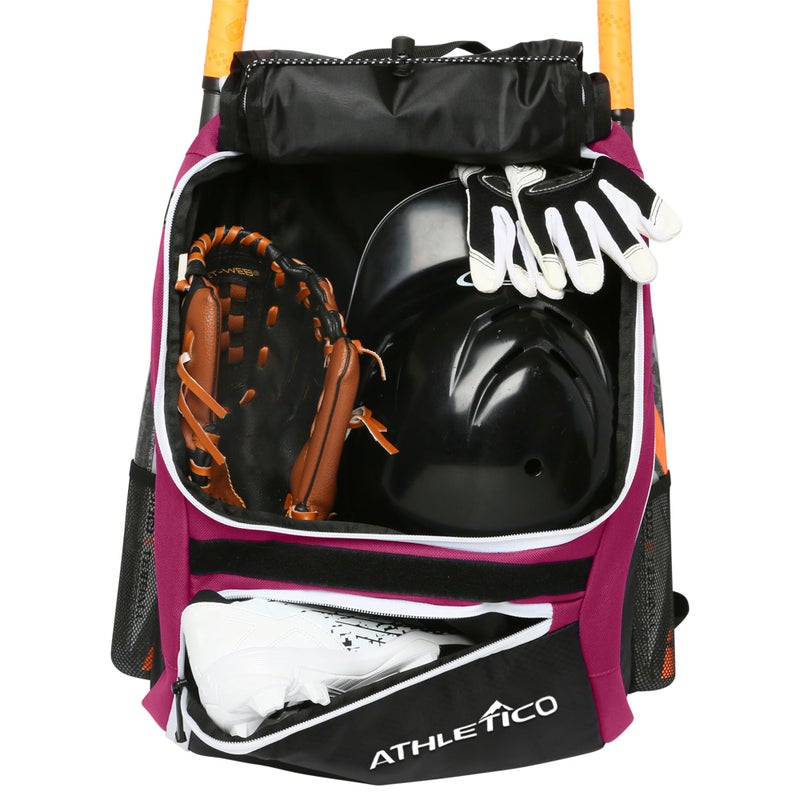 Athletico Baseball Bat Bag - Backpack for Baseball, T-Ball & Softball Equipment & Gear for Youth and Adults | Holds Bat, Helmet, Glove, & Shoes |Shoe Compartment & Fence Hook (Maroon) - Image 1